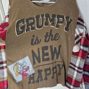 Upcycled Grumpy is the new Happy t-shirt‎ plaid flannel OS